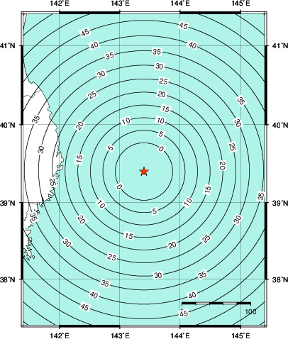 緊急地震速報第1報提供から主要動到達までの時間及び推計震度分布図