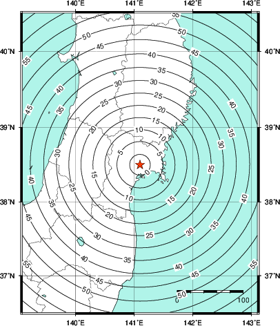 緊急地震速報第1報提供から主要動到達までの時間及び推計震度分布図