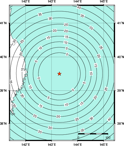 緊急地震速報第1報提供から主要動到達までの時間及び推計震度分布図