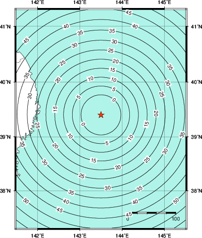 緊急地震速報第1報提供から主要動到達までの時間及び推計震度分布図