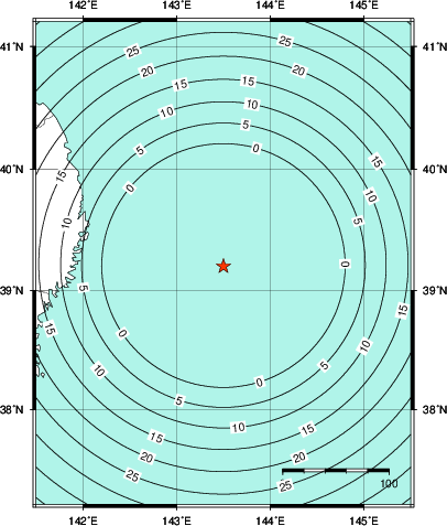 緊急地震速報第1報提供から主要動到達までの時間及び推計震度分布図