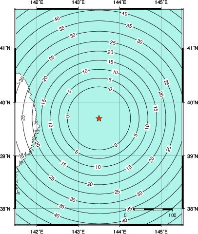 緊急地震速報第1報提供から主要動到達までの時間及び推計震度分布図
