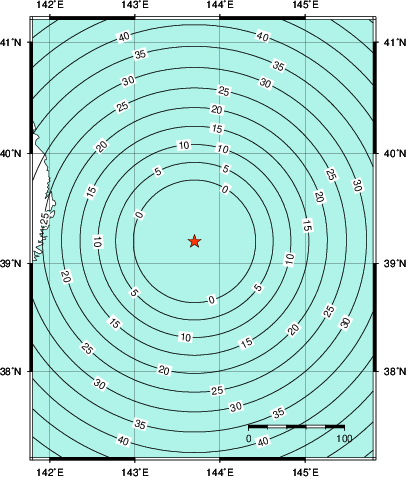 緊急地震速報第1報提供から主要動到達までの時間及び推計震度分布図