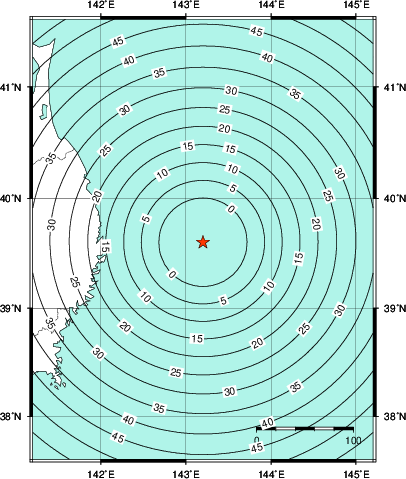 緊急地震速報第1報提供から主要動到達までの時間及び推計震度分布図