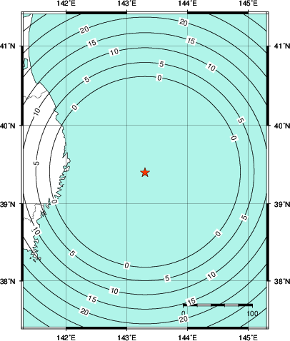 緊急地震速報第1報提供から主要動到達までの時間及び推計震度分布図