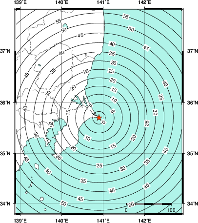 緊急地震速報第1報提供から主要動到達までの時間及び推計震度分布図