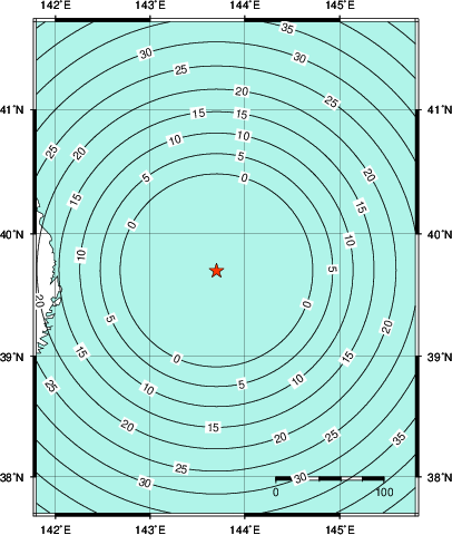 緊急地震速報第1報提供から主要動到達までの時間及び推計震度分布図