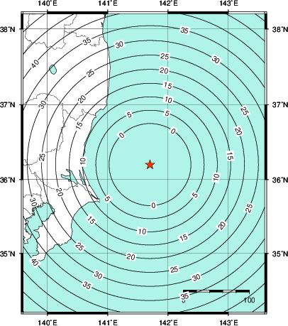 緊急地震速報第1報提供から主要動到達までの時間及び推計震度分布図