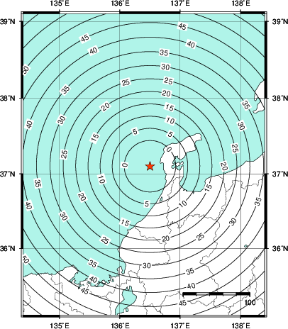 緊急地震速報第1報提供から主要動到達までの時間及び推計震度分布図