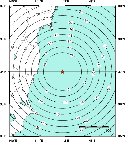 緊急地震速報第1報提供から主要動到達までの時間及び推計震度分布図