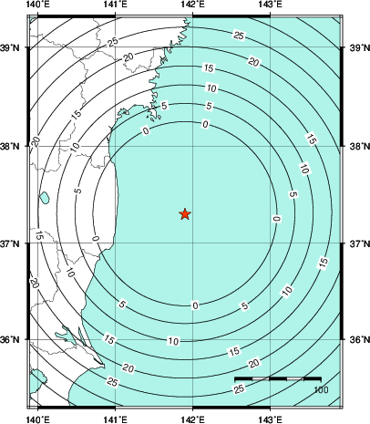 緊急地震速報第1報提供から主要動到達までの時間及び推計震度分布図