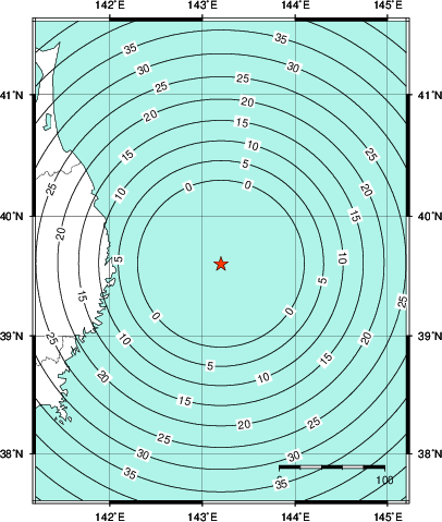 緊急地震速報第1報提供から主要動到達までの時間及び推計震度分布図