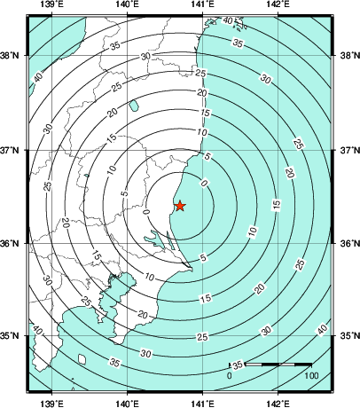 緊急地震速報第1報提供から主要動到達までの時間及び推計震度分布図