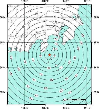 緊急地震速報第1報提供から主要動到達までの時間及び推計震度分布図