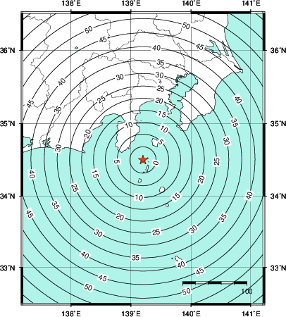 緊急地震速報第1報提供から主要動到達までの時間及び推計震度分布図