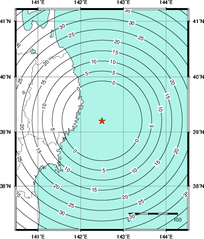緊急地震速報第1報提供から主要動到達までの時間及び推計震度分布図