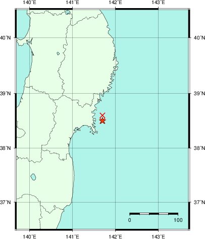 推定した震源の位置