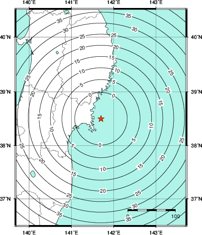 緊急地震速報第1報提供から主要動到達までの時間及び推計震度分布図