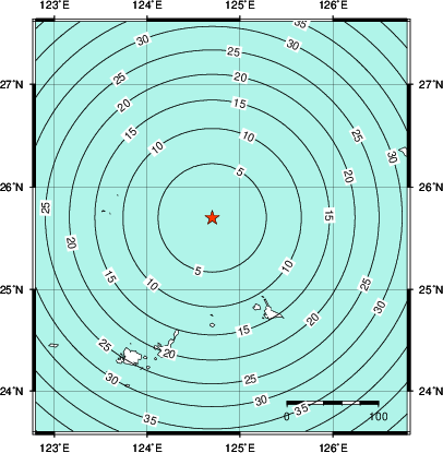 緊急地震速報第1報提供から主要動到達までの時間及び推計震度分布図