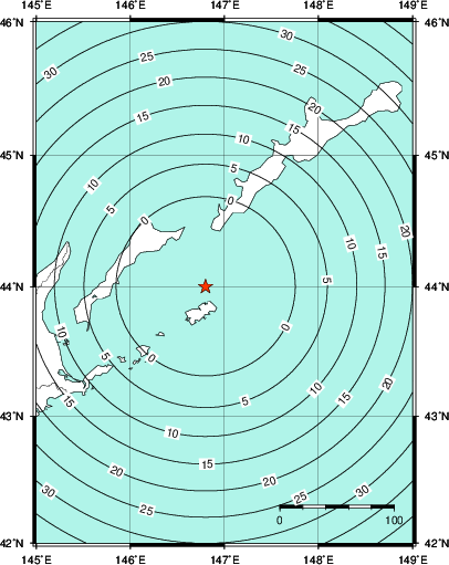 緊急地震速報第1報提供から主要動到達までの時間及び推計震度分布図
