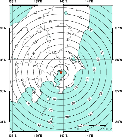 緊急地震速報第1報提供から主要動到達までの時間及び推計震度分布図