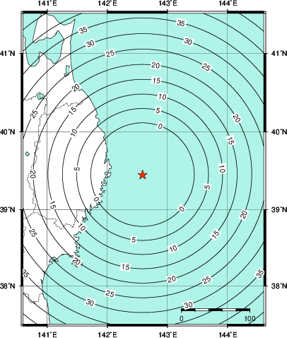 緊急地震速報第1報提供から主要動到達までの時間及び推計震度分布図
