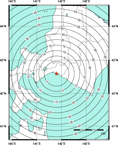 緊急地震速報第1報提供から主要動到達までの時間及び推計震度分布図