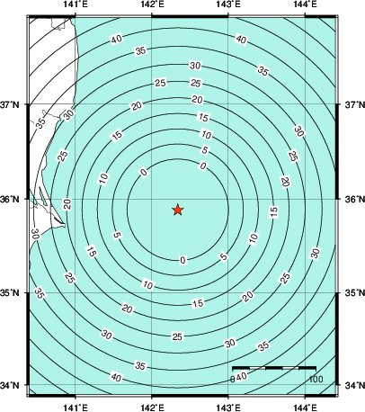 緊急地震速報第1報提供から主要動到達までの時間及び推計震度分布図