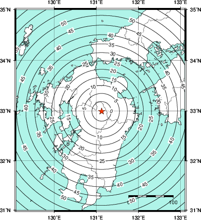緊急地震速報第1報提供から主要動到達までの時間及び推計震度分布図