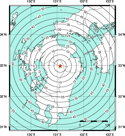 緊急地震速報第1報提供から主要動到達までの時間及び推計震度分布図
