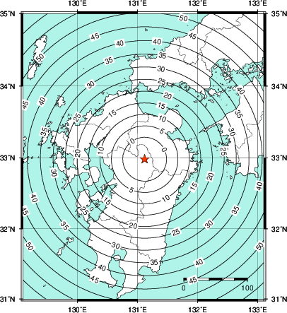 緊急地震速報第1報提供から主要動到達までの時間及び推計震度分布図