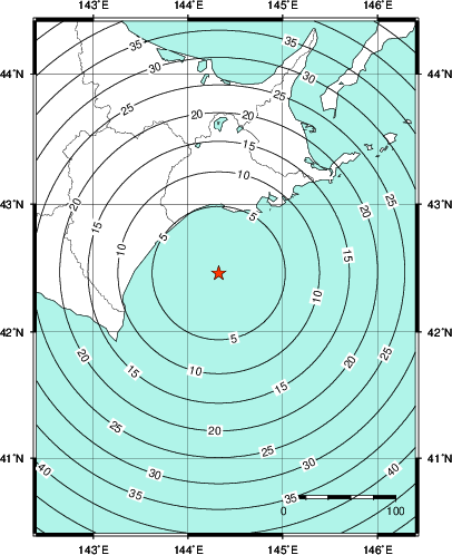 緊急地震速報第1報提供から主要動到達までの時間及び推計震度分布図