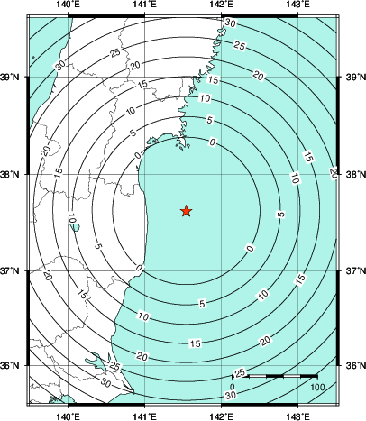 緊急地震速報第1報提供から主要動到達までの時間及び推計震度分布図