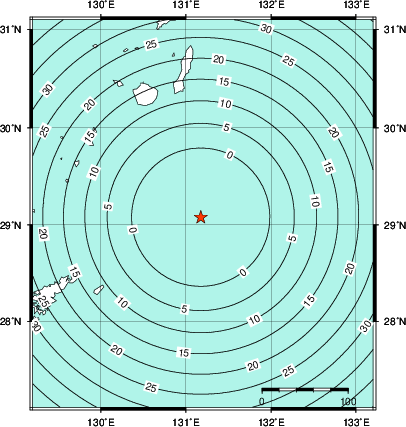 緊急地震速報第1報提供から主要動到達までの時間及び推計震度分布図