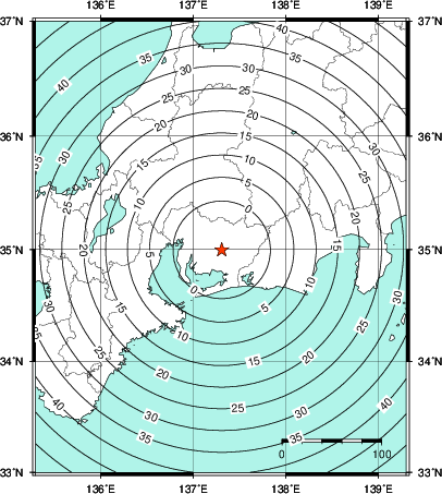 緊急地震速報第1報提供から主要動到達までの時間及び推計震度分布図