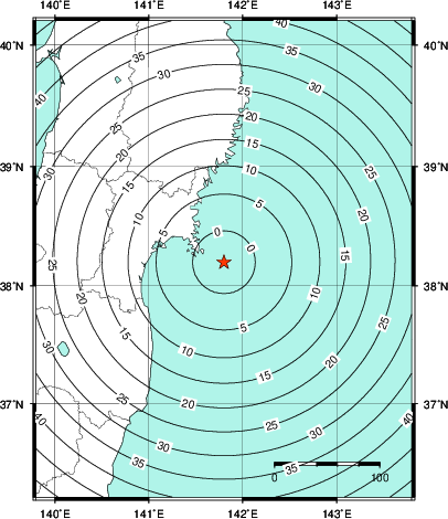 緊急地震速報第1報提供から主要動到達までの時間及び推計震度分布図