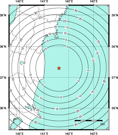 緊急地震速報第1報提供から主要動到達までの時間及び推計震度分布図