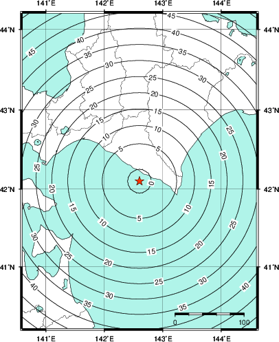 緊急地震速報第1報提供から主要動到達までの時間及び推計震度分布図