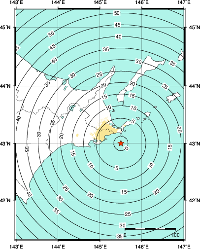 緊急地震速報第1報提供から主要動到達までの時間及び推計震度分布図