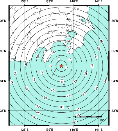 緊急地震速報第1報提供から主要動到達までの時間及び推計震度分布図