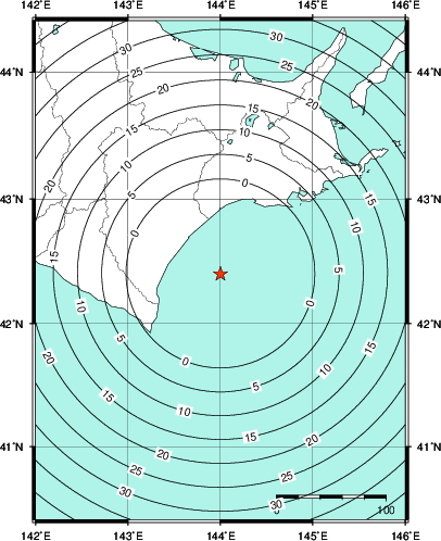 緊急地震速報第1報提供から主要動到達までの時間及び推計震度分布図