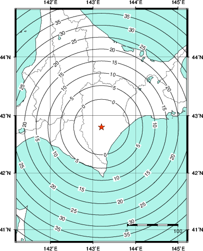 緊急地震速報第1報提供から主要動到達までの時間及び推計震度分布図