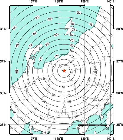 緊急地震速報第1報提供から主要動到達までの時間及び推計震度分布図
