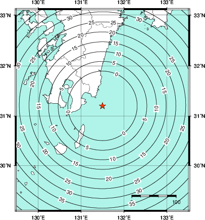 緊急地震速報第1報提供から主要動到達までの時間及び推計震度分布図