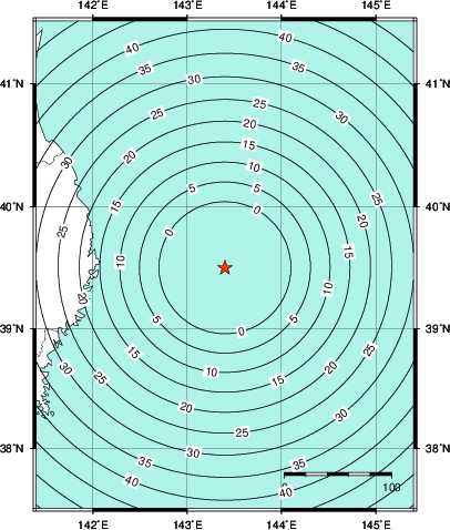 緊急地震速報第1報提供から主要動到達までの時間及び推計震度分布図