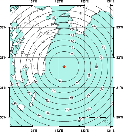 緊急地震速報第1報提供から主要動到達までの時間及び推計震度分布図