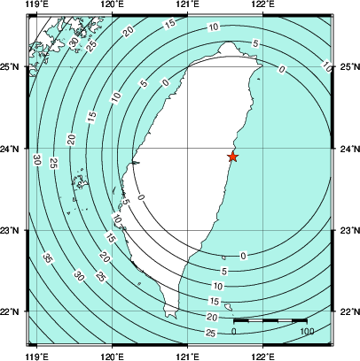 緊急地震速報第1報提供から主要動到達までの時間及び推計震度分布図