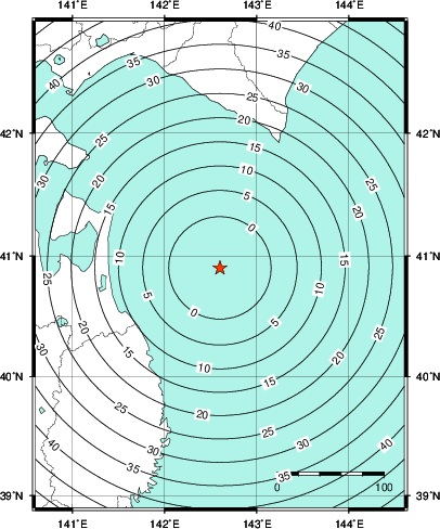 緊急地震速報第1報提供から主要動到達までの時間及び推計震度分布図