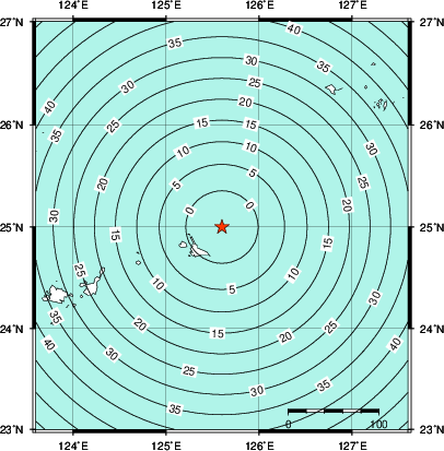 緊急地震速報第1報提供から主要動到達までの時間及び推計震度分布図