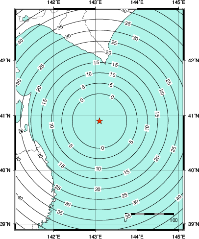 緊急地震速報第1報提供から主要動到達までの時間及び推計震度分布図